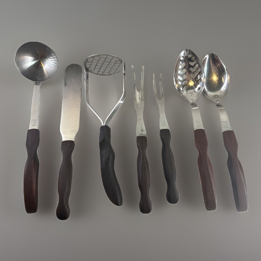 Vintage Cutco 7 Piece Kitchen Utensil Serving Set Brown Swirl Handles USA Retro
